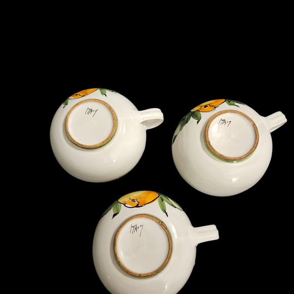 Set of 3 Hand Painted Lemon Cups Made in Italy Green Rim 3" Minor Rim Chips - Picture 3 of 6